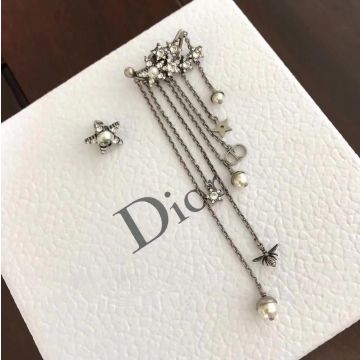 Fashion Trends Christian Dior Star Motif Aged Metal Ladies CD Bee Pendant White Pearl Tassel Drop Earrings