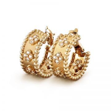 Van Cleef & Arpels Perlee Clovers Decked Crystals Beaded Side Yellow Gold-plated Hoop Earrings Singapore Price VCARO3YE00