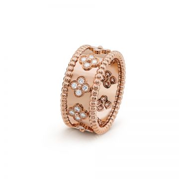 VCA  Perlee Clovers Lady Wide Ring Rose Gold-plated Diamonds Beaded Border 2018 Sale France VCARO9NB00