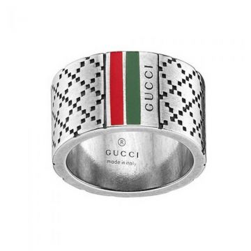 Unisex Hot Selling Gucci Diamante Logo Detail Red & Green Trimming Diamond-shaped Pattern Aged Silver Wide Ring Best Present