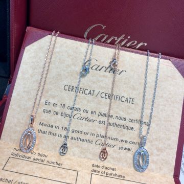  Cartier Double C Interlocking Center Design Oval Cutout Diamond Pendant Ladies Luxury Rose Gold/White Gold Necklace/Earrings