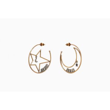 New Style Dior J’Adior Star & Moon Asymmetric Pendant Ladies Aged Brass Logo Motif Hoops Replica E0915ADRMT_D652