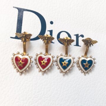 Women's Celebrity Style Dior Heart-shaped Pendant Pearl Edging Vintage Brass Bee Stud Earrings Red/Blue