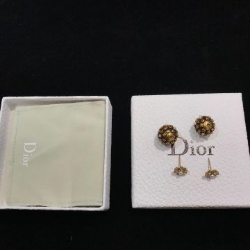 Christian Dior Tribales High End Flower Motif White Pearl Detail Ladies Yellow Brass Stud Earrings UK