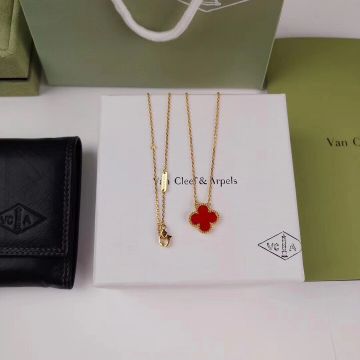 High End VCA Vintage Alhambra 5 Motif  Red Clovers Pendant Yellow Gold  Chain Bracelet Female Popular Jewellery Set 