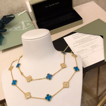 Timeless Style VCA Vintage Alhambra Blue Sevres & Diamonds Clover Pendant Women Yellow Gold Vendôme Edition Long Necklace VCARO5L800