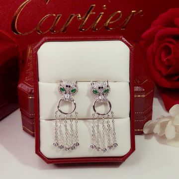 Clone PanthèRe De Cartier Paved Diamonds Emerald Eye Detail Fringe Design Pendant Earrings For Women 18k White Gold