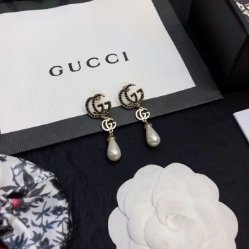  Cheap Gucci Yellow Gold  White Pearl Pendant Double GG Desin Female Black Diamonds Drop Earring 