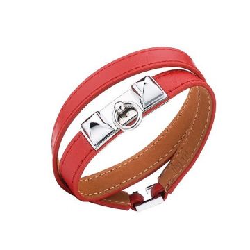 Hermes Copy Rivale Double Tour Red Leather Bracelet Pyramid Silver Plated Hardware Valentine Gift Lady H064644CK8WS