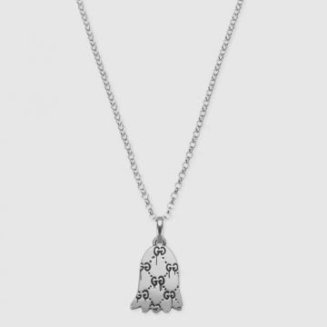  Gucci Ghost Engraved Pattern Tulip Flower Shape Pendant Sterling Silver Necklace For Couple 455276 J8400 0701