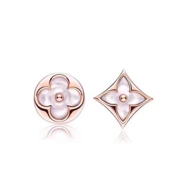Top Sale Louis Vuitton Color Blossom White MOP Sun & Star Monogram Flower Pattern Women Rose Gold Asymmetric Stud Earrings Oline