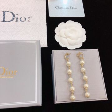 Replica Dior Diamond CD Embellished White Resin Pearl Vertical Drop Earrings Elegant Women'S Preferred Best Quality Jewelry