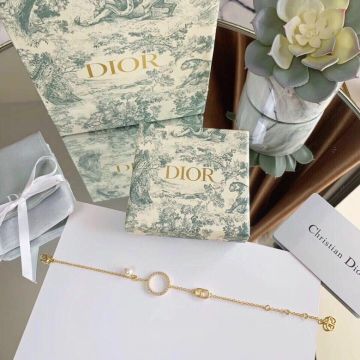 Imitation Dior Round Collection Diamond Ring Charm Pearl Crystal CD Detail Ladies High End Brass Chain Bracelet