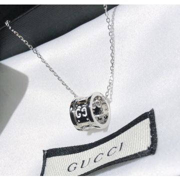  Gucci Icon Ladies Chain Interlocking G Logo Swivel Cutout Pendant  18k White Gold Chain Necklace Top Quality
