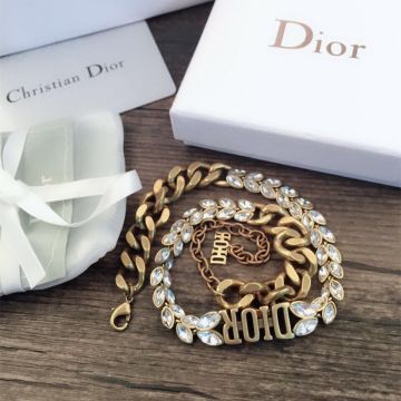 Spring Hot Selling Dior DIOR Logo Charm Thick Chain Marquise Diamond Females Antique Brass White Crystal  Necklace 