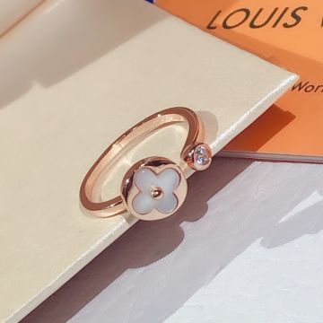 Spring Latest Louis Vuitton Color Blossom White Sun Motif MOP & Cornelian Monogram Flower Charm Women Rose Gold Diamond Cuff Ring Q9L68A
