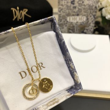 Replica Christian Dior Initial CD Logo Paved Diamonds Circle White MOP Star Double Pendants Classic Yellow Gold Necklace