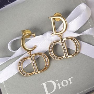 Latest Christian Dior CD Logo Initial Pendant Antique Brass Metal Females Diamonds Drop Earrings For Sale Online Replica