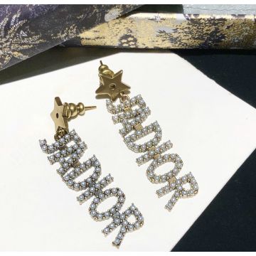  Dior J'Adior English Alphabet Signature Dangle Design Inlaid Pearl Star Detail Ladies Brass Vintage Stud Earrings