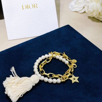 High End Christian Dior White Pearl Yellow Gold Plated Link Bee Star Woolen Pendants Dual Purpose Jewellery Necklace Bracelet