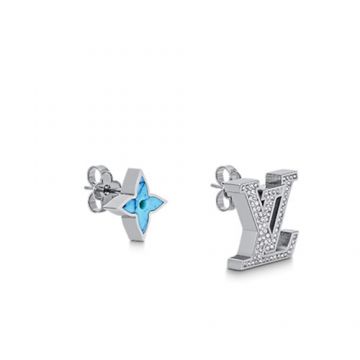Hot Selling Louis Vuitton LV Initials Blue Enamel Monogram Flower 925 Silver Paved Diamonds LV Pendant Female  Asymmetric Stud Earrings M80183
