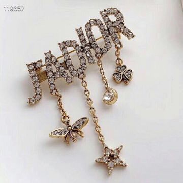 2021 Christian Dior Paved Diamonds J'ADIOR Motif Bee Star Clover Pendants Females Antique Gold-finish Metal Crystal Brooch