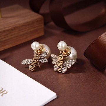 High End Christian Dior J'ADIOR Paved Diamonds Bee And Butterfly Pendants Women Brass  Asymmetric Drop Earrings