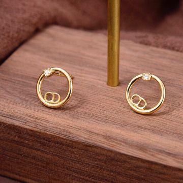 Women's Simple Style Christian Dior CD Logo Motif Single Crystal Yellow Gold Plated Circle Stud Earrings Fashion Jewellery