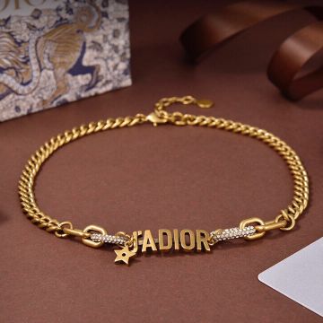 Celebrity Same Christian Dior Classic Antique Brass J'ADIOR Motif Paved Diamonds Circle Thick Chain Necklace For Ladies