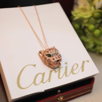  Cartier Full Diamond Cutout Leopard Head Emerald Leopard Eye Black Speckled Detail Men's Gold Plated Necklace