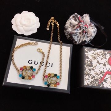  Gucci Vintage Fashion Brass Double G Colorful Diamond Around Pendant Bracelet/Necklace 