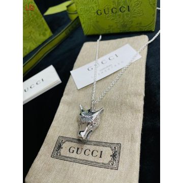  Gucci Anger Forest Silver Finely Engraved Brand Lettering Wolf Head Pendant Necklace For Men