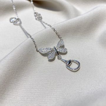  Gucci Elegant 925 Sterling Silver Heart Detail Chain Dimond Butterfly Pendant Thin Necklace For Women