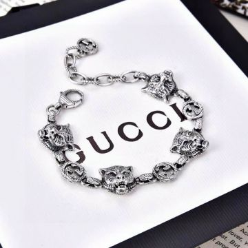 Gucci Sterling Silver Aged Finish Striped Interlocking G Details Chain Tiger Head Couple Bracelet Best Website