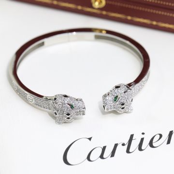  PanthèRe De Cartier Double Leopard Head Shape Paved Diamond Onyx Embellished Open Design Women'S Bracelet