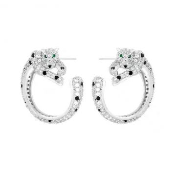 Replica PanthèRe De Cartier Reclining Shape Paved Diamonds Emerald Onyx Detail 18K White Gold Hoop Earrings For Female H8000330