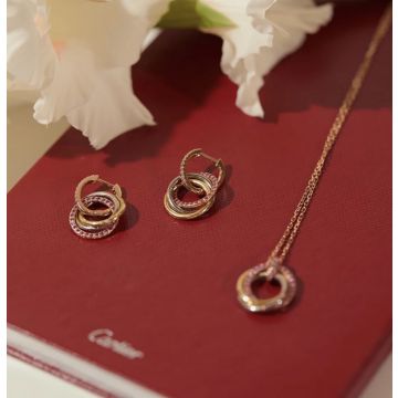  Cartier Trinity Series Ladies White Gold & Yellow Gold & Pink Diamond Three Rings Pendant Thin Chain Necklace