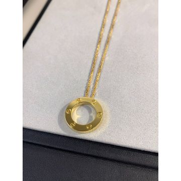  Cartier Love 18K Yellow Gold Screw Motif Circle Pendant Unisex Chain Necklace Classic Style B7014200