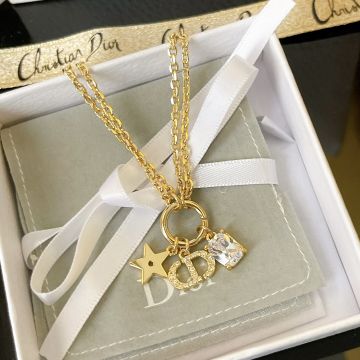  Dior Pentagram Square Crystal Diamond CD Hoop Detail Ladies Pure Gold Double Chain Necklace Best Discount Product