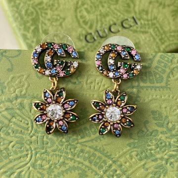  Gucci Flora Ladies Paving Colorful Crystals Double G Design Diamond Flower Pendant Vintage Earrings