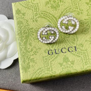  Gucci Ladies Interlocking G Paving Pearl Stud Earrings Gold/Silver Best Discount