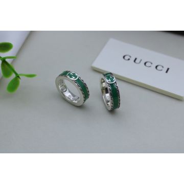 Replica Gucci Epilogue Sterling Silver Green Enamel Gemstone Interlocking Double G Textured Trim Ring 6MM Top Quality 645573 J8410 8136