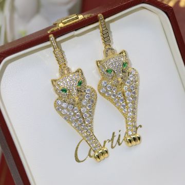  PanthèRe De Cartier Full Diamonds Sitting Shape Gold Leopard Emerald Eye Detail Earrings For Ladies