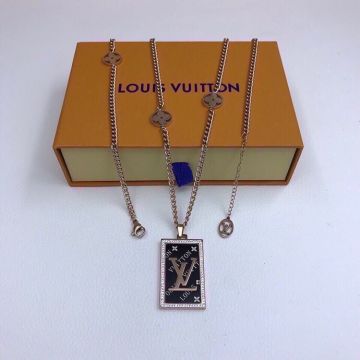  Louis Vuitton Black Monogram Diamond Square Pendant Flower LV Circle Logo Embellishment Long Necklace 80CM For Men