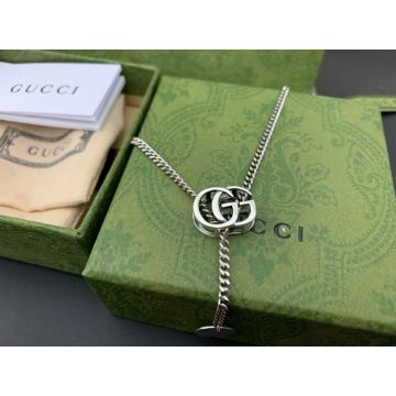 Fake Gucci Women'S Double G Pendant Round Logo Tag Lariat Design Silver Necklace High End  Jewerly