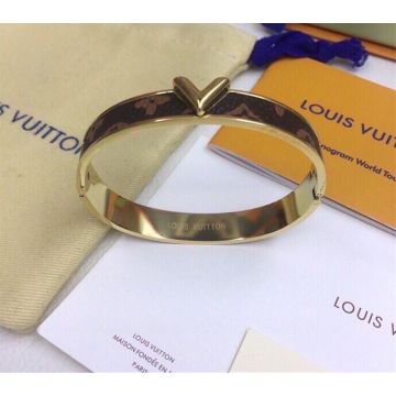  Louis Vuitton Female V Sign Open Monogram / Damier Canvas Covered Metal Hoop Bracelet Vintage Fashion