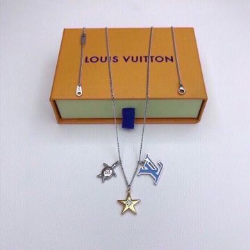  Louis Vuitton Aquatics Yellow Gold Starfish & Silver Sea Turtle & Blue LV Mark Charm Lady Necklace M00280