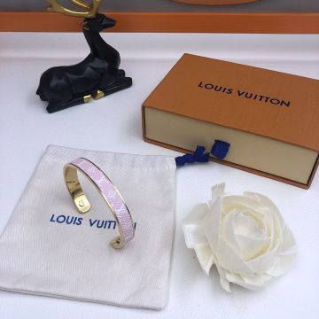  Simple Louis Vuitton Escale Wild Female Pink Monogram Canvas Gold Metal Open Bracelet Best Discount M69263
