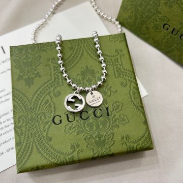 Fake Gucci Interlocking Double G & Engraved Brand Letter Circle Medal Sterling Silver Bead Chain Necklace Unisex Low Price