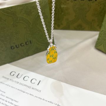 Gucci Ghost Engraved Classic Pattern Yellow/Green Pineapple Shape Pendant Silver Long Necklace For Women New Style